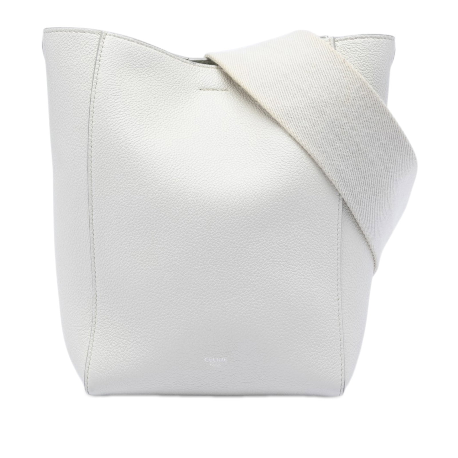 Celine Seau Sangle Small Grained Calfskin Bucket Bag White: Celine Seau Sangle Small Grained Calfskin Bucket Bag White Celine Seau Sangle bucket bag crafted in soft grained calfskin leather with a detachable flat canvas strap, open top, and hook closure. The i