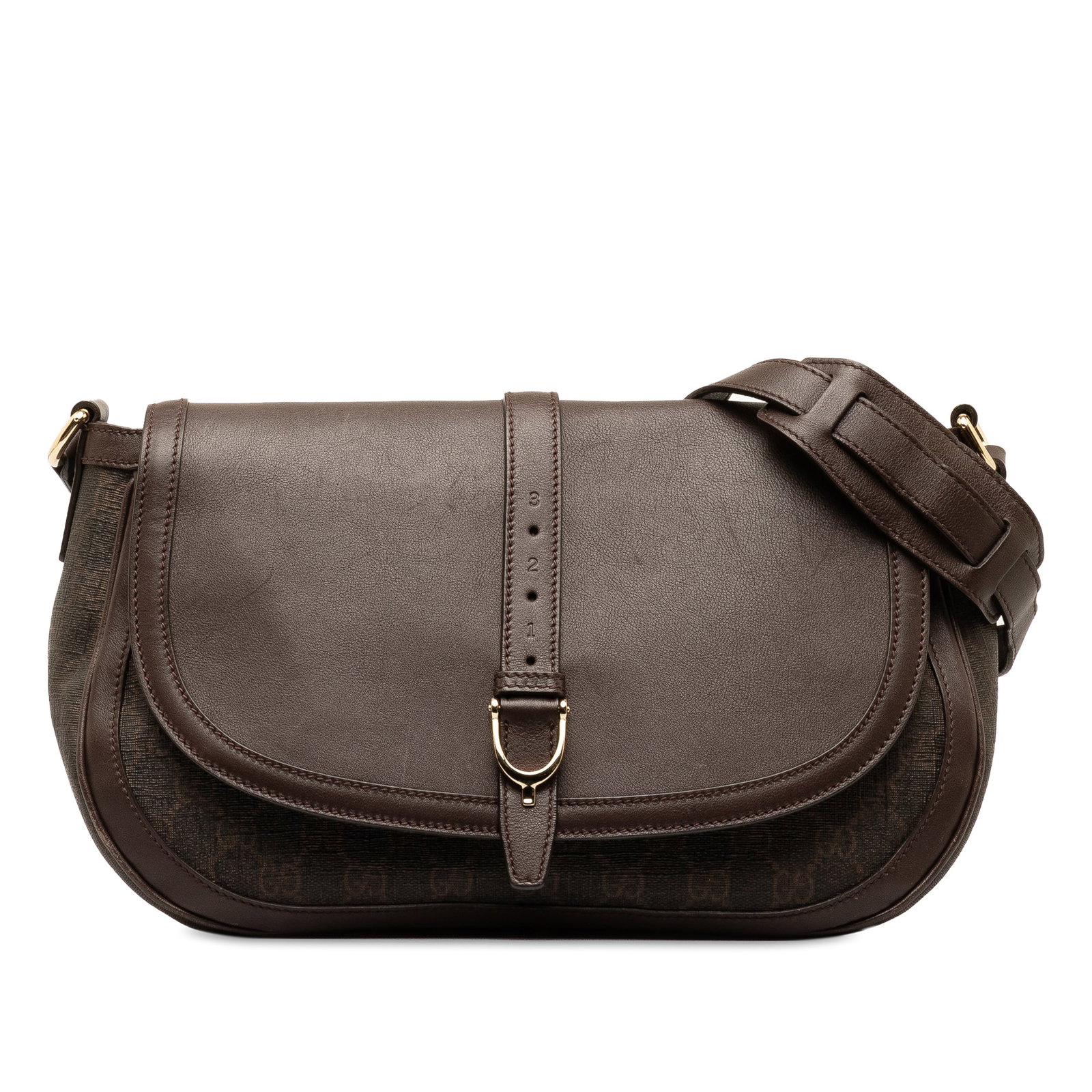 Gucci GG Supreme Stirrup Brown Canvas and Leather Crossbody Bag: Gucci GG Supreme Stirrup Brown Canvas and Leather Crossbody Bag This Gucci GG Supreme Stirrup Crossbody bag features a coated canvas body with leather trim, an adjustable flat leather shoulder strap, 