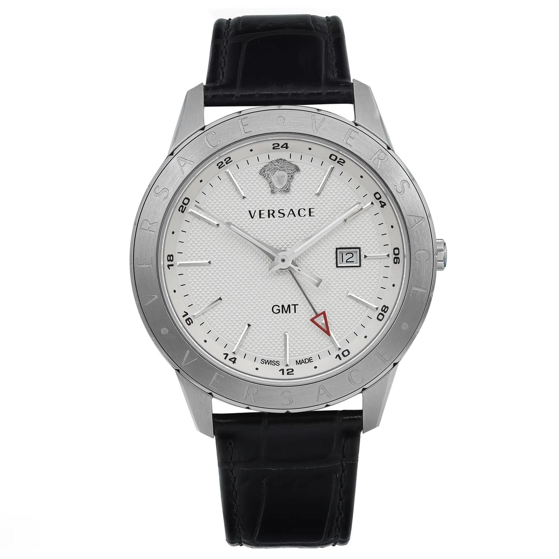 Versace Univers Quartz Watch Silver Dial Black Leather Strap VEBK00918: Versace Univers Quartz Watch Silver Dial Black Leather Strap VEBK00918 This Versace Univers wristwatch combines elegance with casual style, featuring a sleek silver dial complemented by stick indexes 