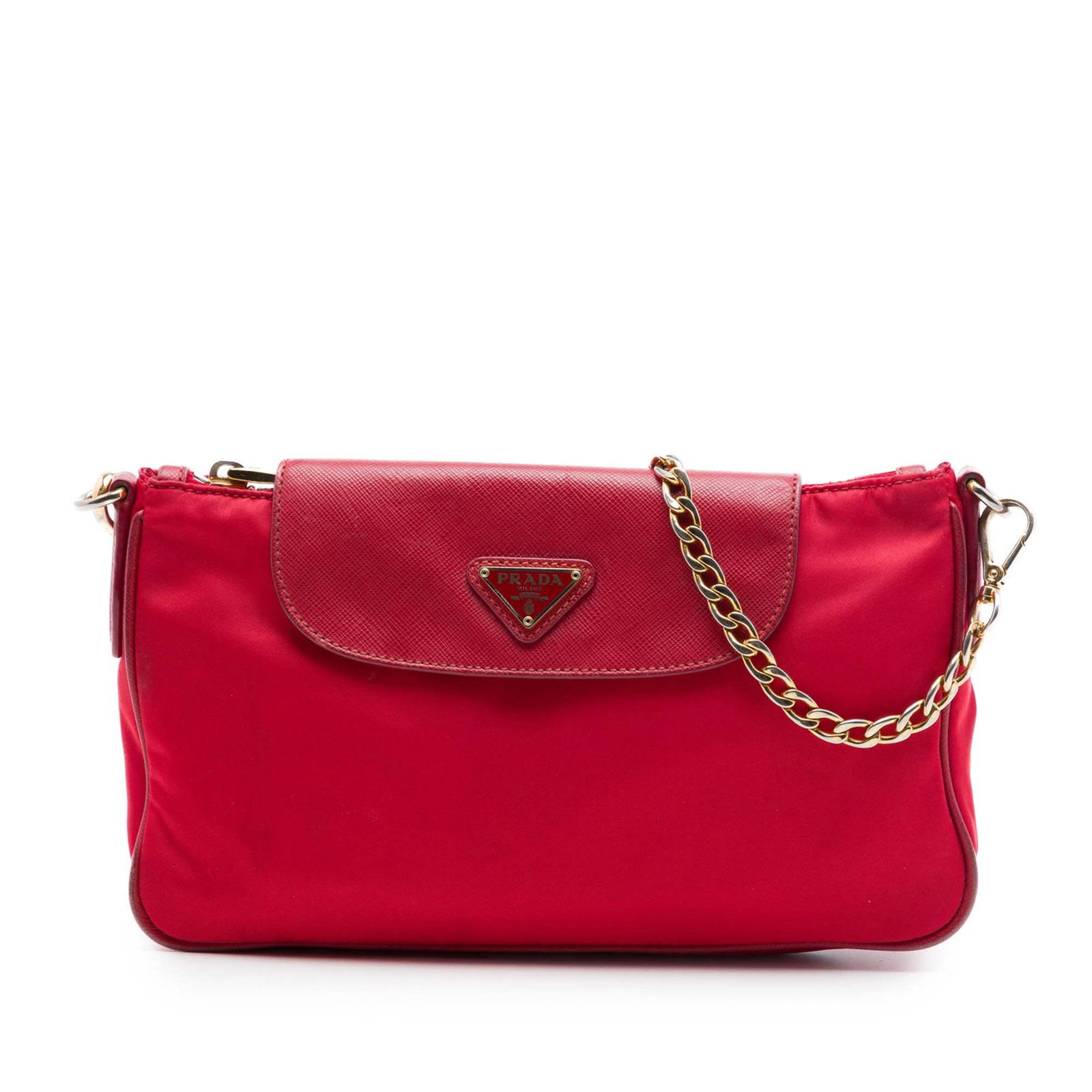 Prada Tessuto Chain Crossbody Bag Red Nylon Saffiano Trim: Prada Tessuto Chain Crossbody Bag Red Nylon Saffiano Trim Prada crossbody bag in red tessuto nylon with saffiano leather trim and a leather-woven chain shoulder strap. The design features a top zip cl