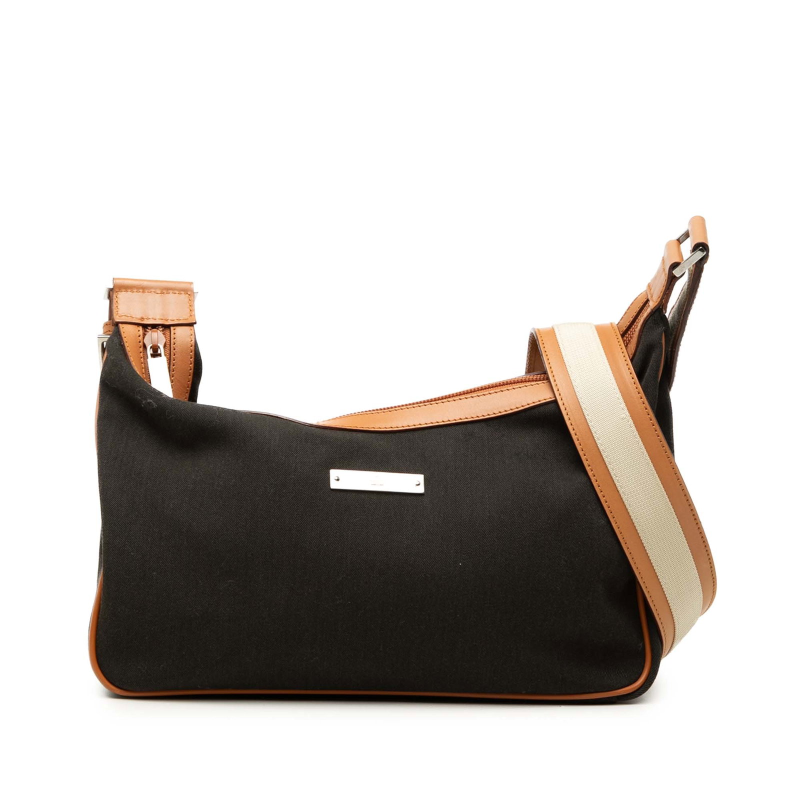 Gucci Canvas Crossbody Bag in Black with Leather Trim: Gucci Canvas Crossbody Bag in Black with Leather Trim Gucci canvas crossbody bag with leather trim and an adjustable flat leather strap. The bag features a top zip closure and an interior zip pocket. 