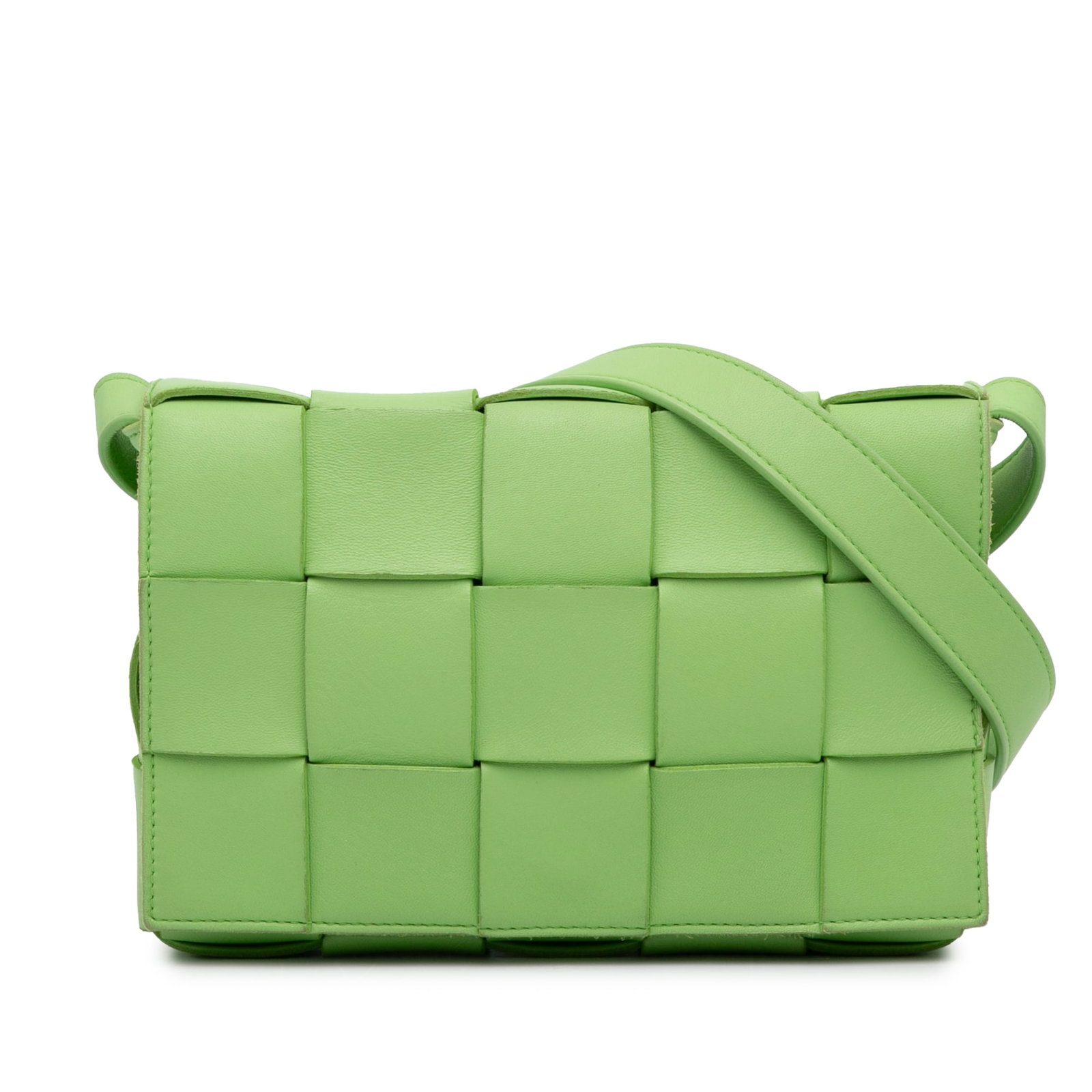 Bottega Veneta Nappa Intrecciato Green Leather Crossbody Bag: Bottega Veneta Nappa Intrecciato Green Leather Crossbody Bag The Bottega Veneta Nappa Intrecciato Cassette Crossbody is a stylish and sophisticated bag crafted from woven leather. It features a flat l