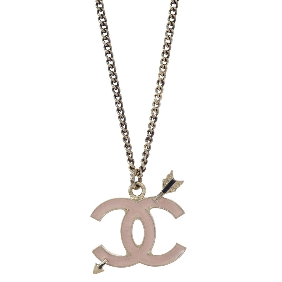 Chanel 10P CC Arrow Charm Necklace Gold Plated Pink: Chanel 10P CC Arrow Charm Necklace Gold Plated Pink Chanel pendant necklace featuring a gold-plated CC arrow charm with pink accents. Made in France, this charm-style necklace presents in very good co