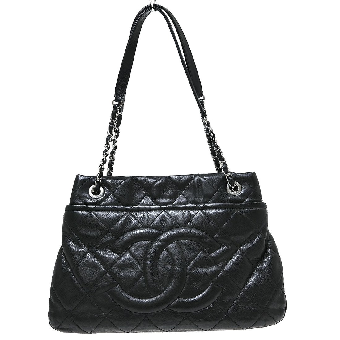 CHANEL Caviar Medium Black Leather Chain Strap Shoulder Tote: CHANEL Caviar Medium Black Leather Chain Strap Shoulder Tote Black Chanel shoulder tote bag in caviar skin leather with chain straps and a black lining. The bag features two exterior pockets, one inte
