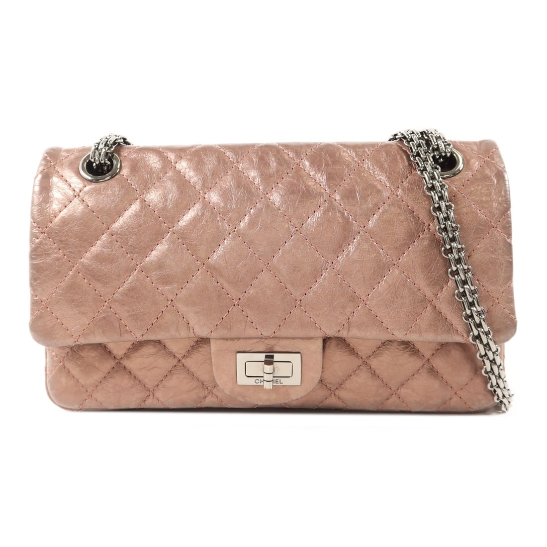 CHANEL 2.55 A37586 Shoulder Bag Metallic Pink Calfskin CC SHW: CHANEL 2.55 A37586 Shoulder Bag Metallic Pink Calfskin CC SHW CHANEL 2.55 Chain Shoulder Bag in calfskin (cowhide) leather with a metallic pink finish. This women's shoulder bag features a flap closur