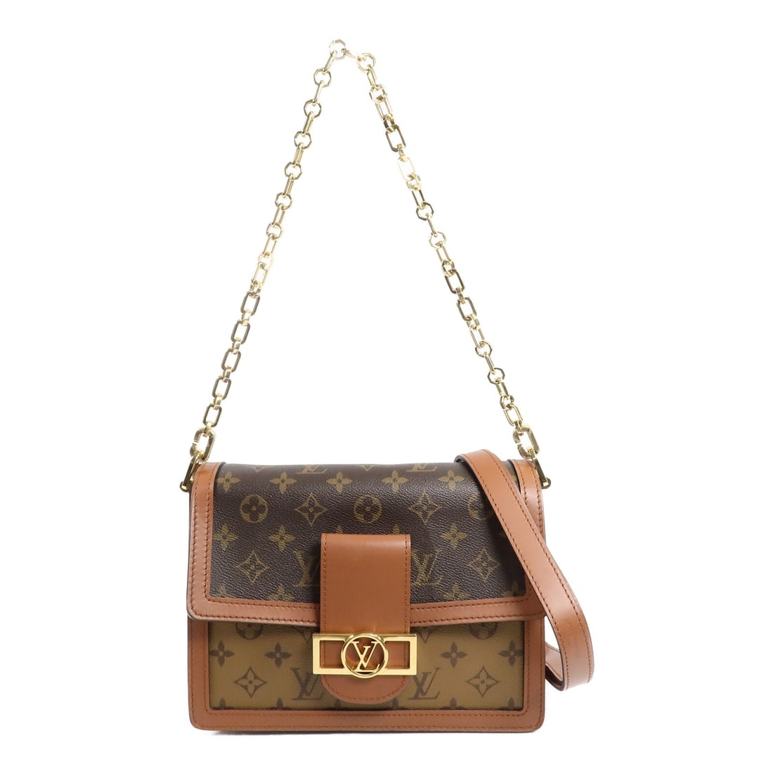 Louis Vuitton Dauphine MM M44391 2 Way Bag Monogram Reverse: Louis Vuitton Dauphine MM M44391 2 Way Bag Monogram Reverse Louis Vuitton Dauphine MM 2-way shoulder bag in Monogram Reverse PVC coated canvas with brown and caramel tones. This women's bag features a