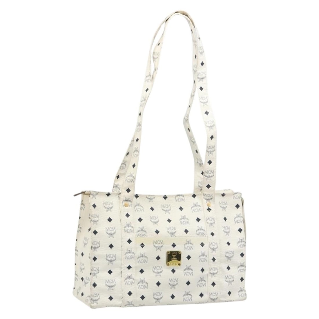 MCM Vicetos Logogram White PVC Leather Women's Tote: MCM Vicetos Logogram White PVC Leather Women's Tote Authentic MCM Vicetos Logogram tote bag in white PVC leather. This women's tote features a structured everyday silhouette with dual handles and a wh