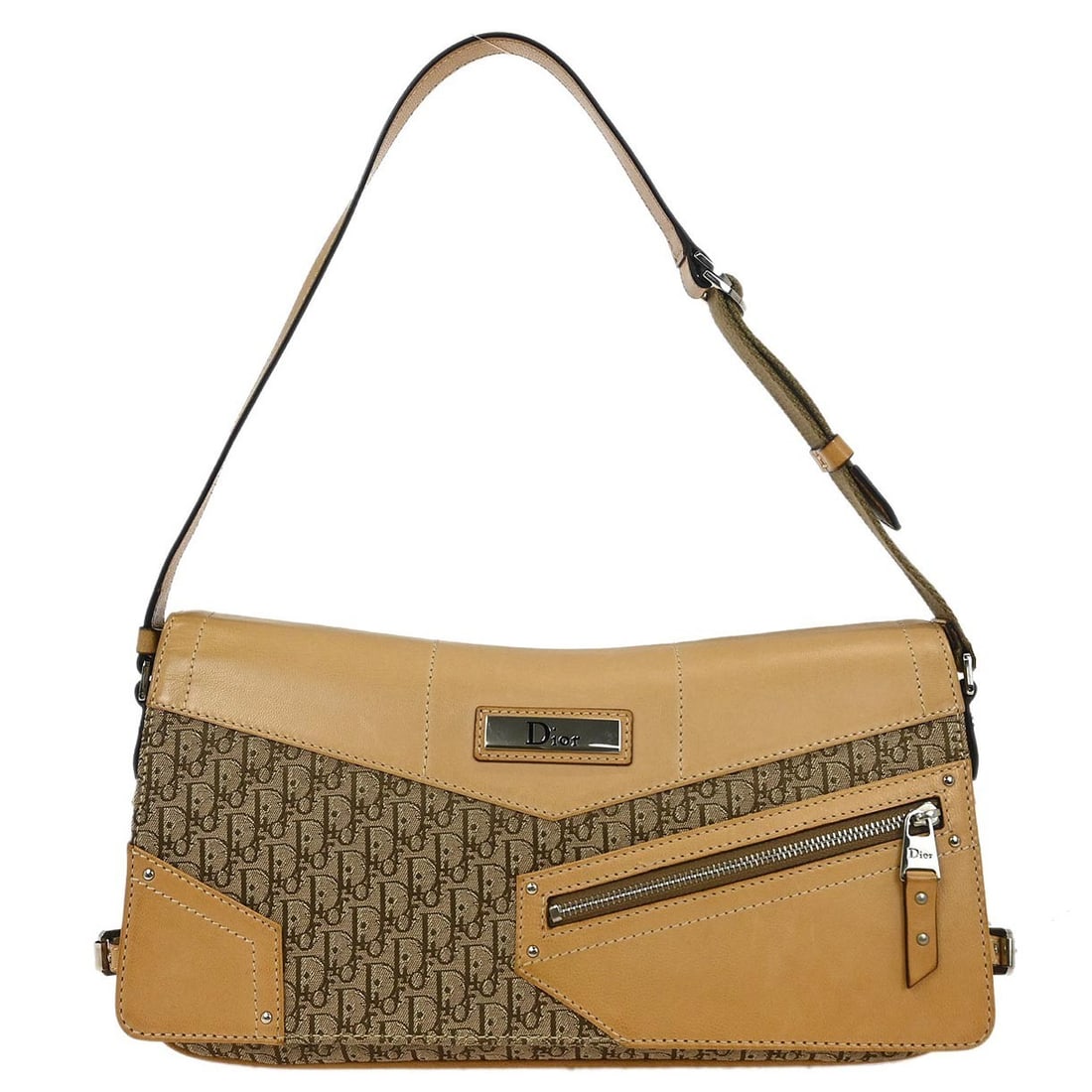 Dior Trotter Medium Beige Canvas Leather Top Handle Handbag: Dior Trotter Medium Beige Canvas Leather Top Handle Handbag Christian Dior Trotter handbag in beige canvas and leather with a top handle design. This medium handbag features exterior and interior zip 