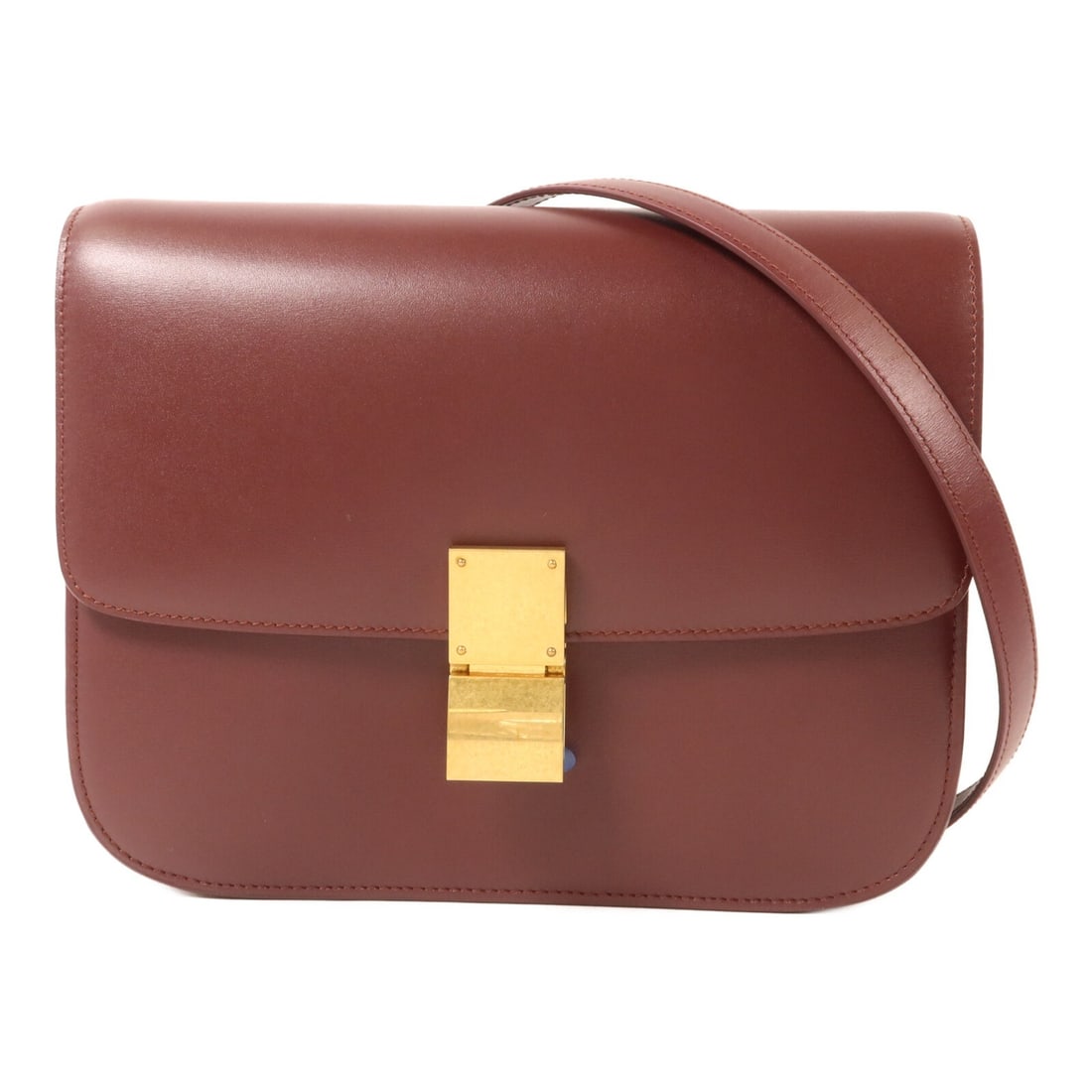 CELINE 189173DLS Classic Box Medium Calfskin Shoulder Bag Red: CELINE 189173DLS Classic Box Medium Calfskin Shoulder Bag Red Medium shoulder bag in calfskin leather with a burgundy/red color and gold-tone hardware. It features a flap closure, an inside open pocke