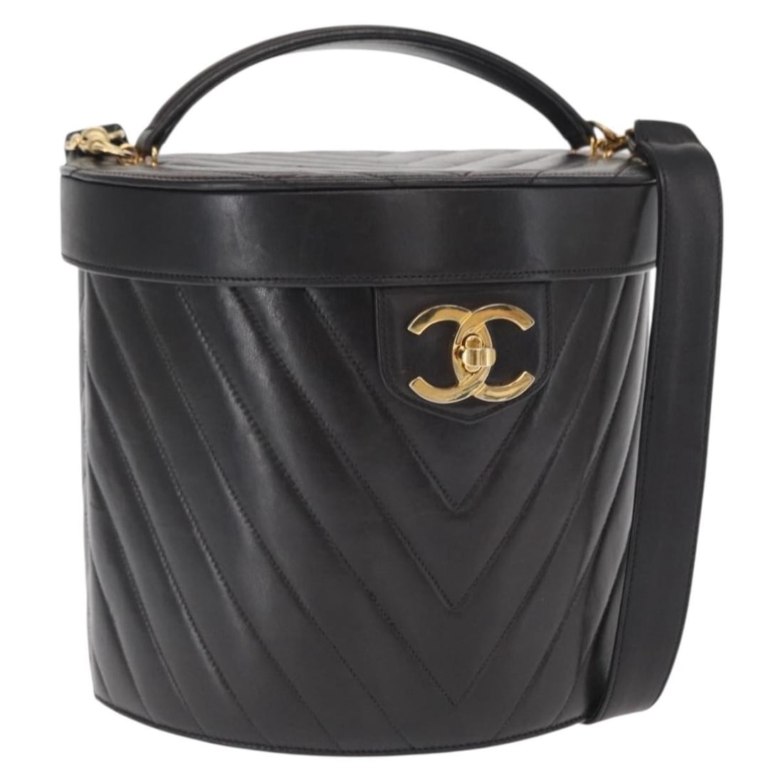 Chanel V Stitch Lambskin Vanity 2 Way Handbag Black Gold: Chanel V Stitch Lambskin Vanity 2 Way Handbag Black Gold Chanel V Stitch vanity handbag in black lamb skin with a 2-way design and gold-tone CC detailing. Made in Italy, this women's handbag includes 