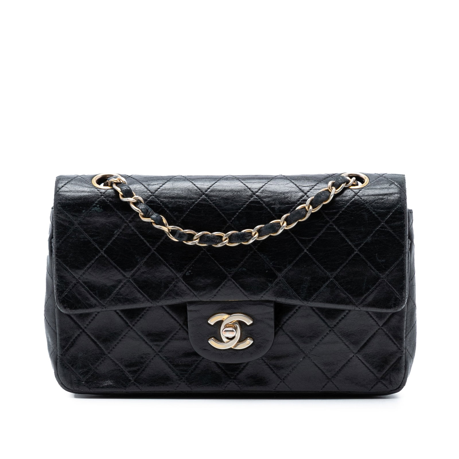 Chanel Black Lambskin Classic Double Flap Shoulder Bag: Chanel Black Lambskin Classic Double Flap Shoulder Bag This Chanel Small Classic Double Flap shoulder bag is crafted from quilted black lambskin leather and features leather-woven chain link shoulder 