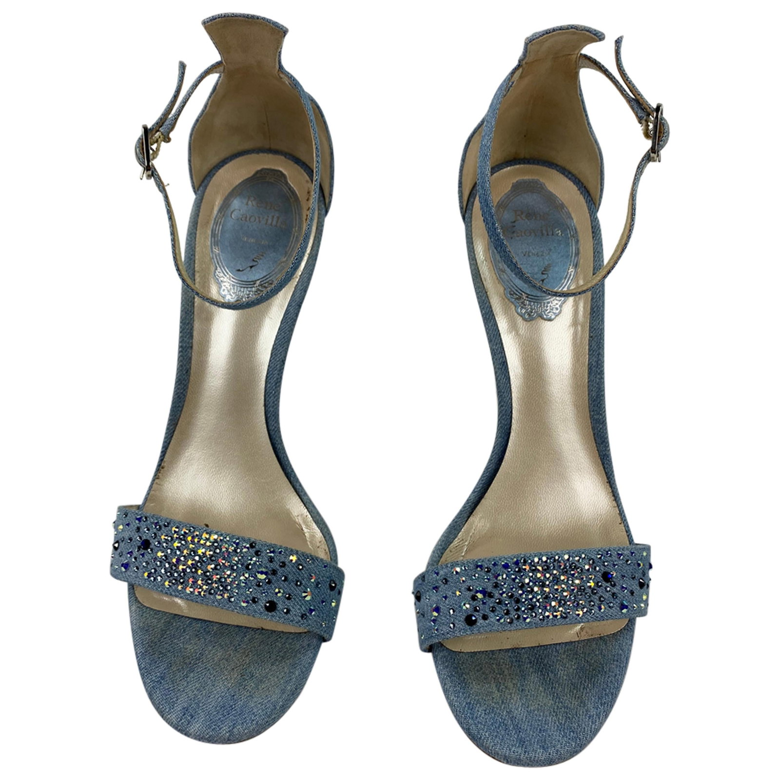 Rene Caovilla denim crystal strappy heels sandals size 8: Rene Caovilla denim crystal strappy heels sandals size 8 Rene Caovilla embellished denim strappy sandals in a light blue wash with multiple shades of blue Swarovski crystals. They feature a strappy de