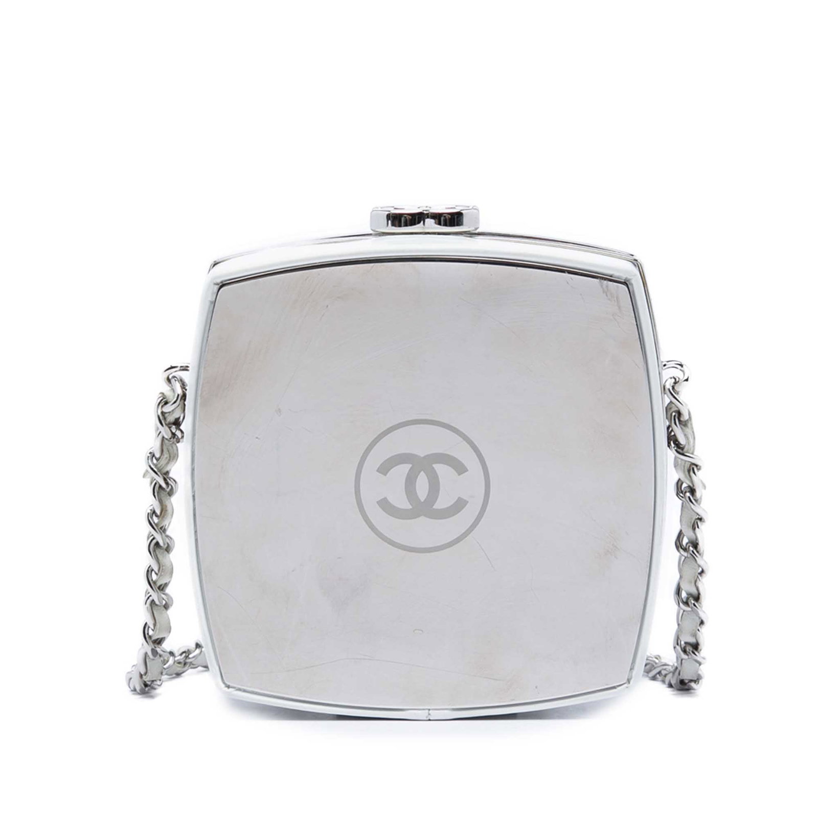 Chanel Make Up Box Chain Clutch in White Patent Goatskin: Chanel Make Up Box Chain Clutch in White Patent Goatskin White patent goatskin clutch with chain featuring a structured metal body, a leather-woven shoulder strap, and a top clasp closure. Made in Fra