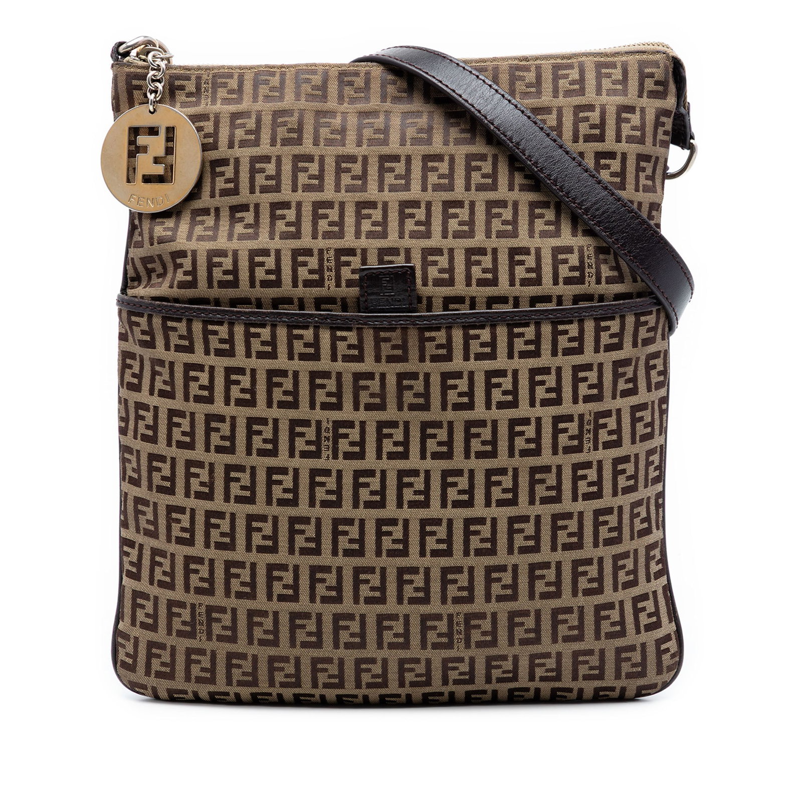 Fendi Zucchino crossbody bag in beige canvas with leather trim: Fendi Zucchino crossbody bag in beige canvas with leather trim Fendi Zucchino canvas crossbody bag with leather trim, a flat leather strap, top zip closure, exterior front slip pocket, and interior sl