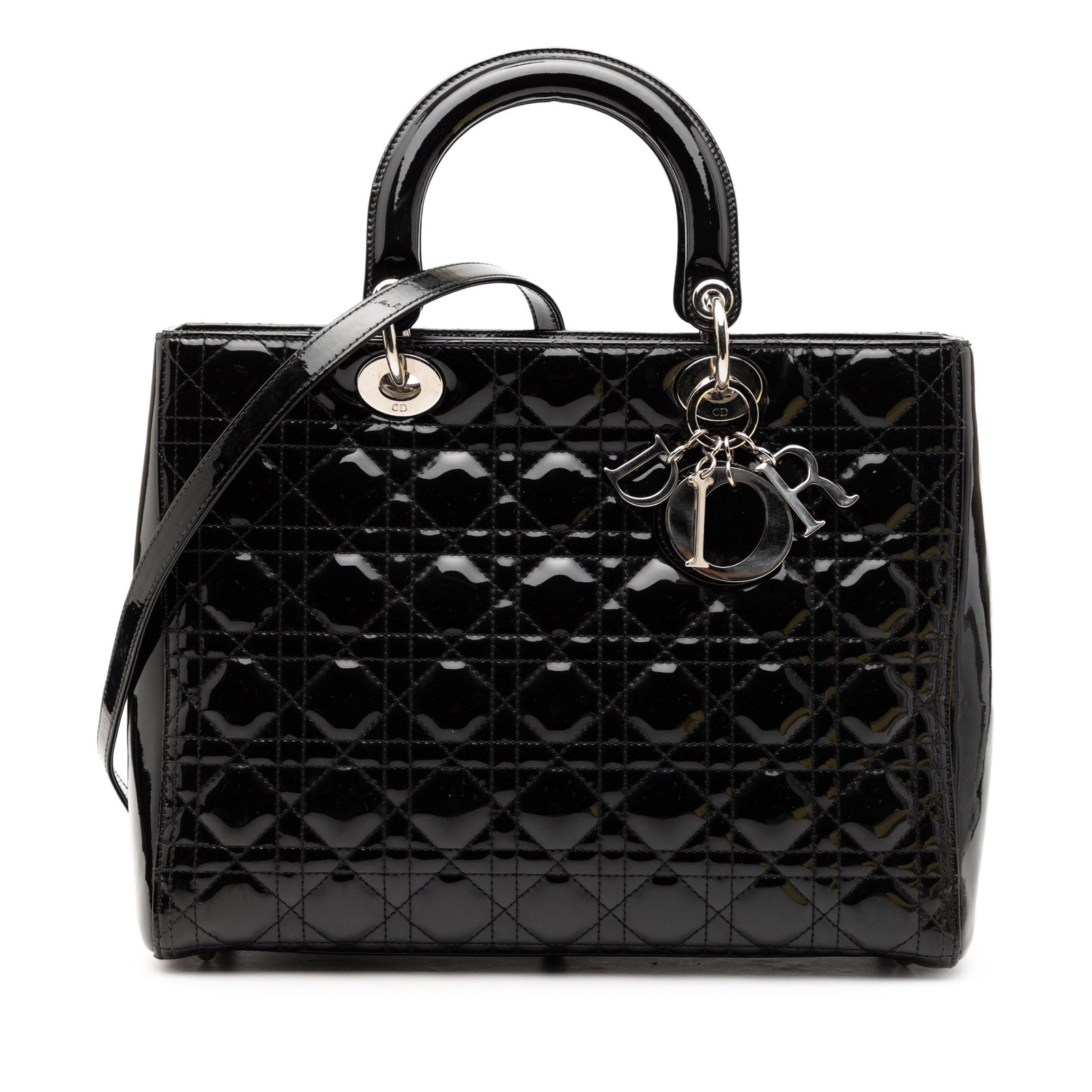 Dior Lady Dior Black Patent Leather Cannage Tote with Strap: Dior Lady Dior Black Patent Leather Cannage Tote with Strap This Large Patent Cannage Lady Dior handbag features a black quilted patent leather exterior, flat leather top handles, a detachable flat st