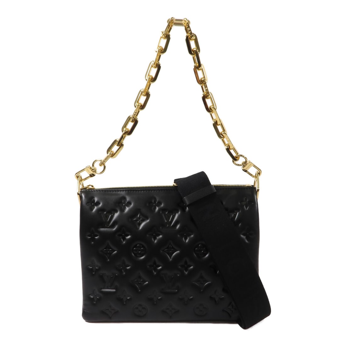Louis Vuitton Coussin PM M21260 black lambskin shoulder bag: Louis Vuitton Coussin PM M21260 black lambskin shoulder bag Louis Vuitton Coussin PM 2Way Shoulder Bag in black, featuring monogram embossed lambskin and gold-tone hardware. This women's regular-size 