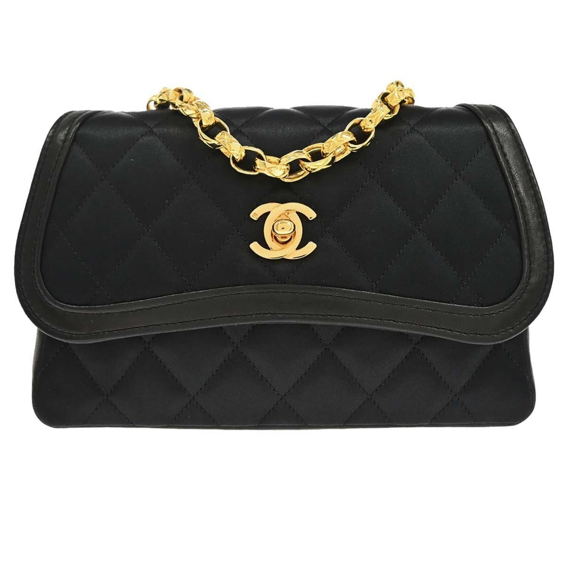 CHANEL medium satin shoulder bag black with bijou chain: CHANEL medium satin shoulder bag black with bijou chain Chanel shoulder bag in black satin with a bijou chain strap and magnetic closure. The bag features a canvas lining and one interior pocket. It c