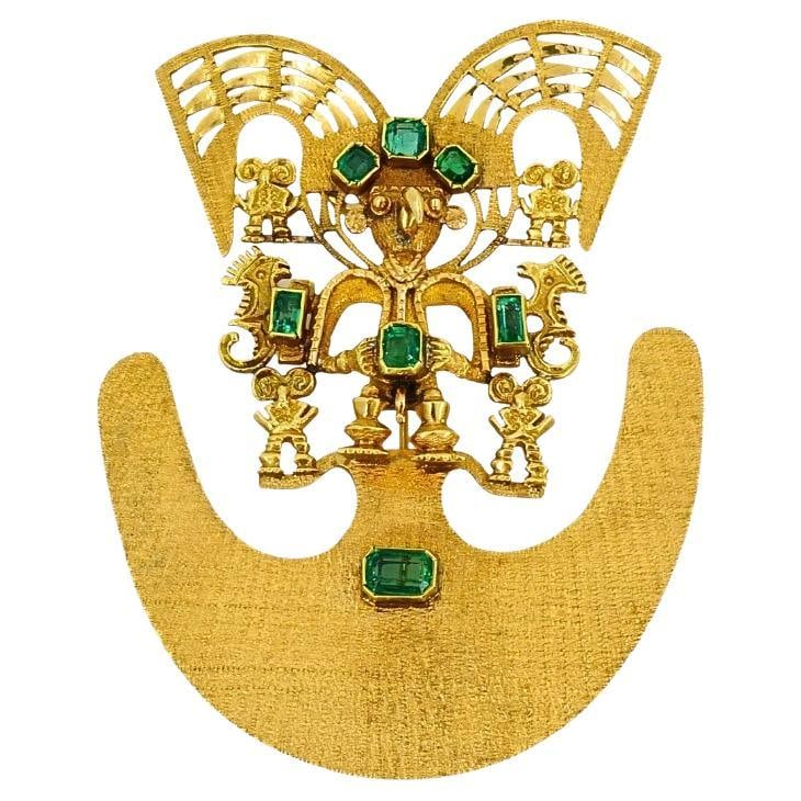 18K Gold Emerald Brooch Pendant Pre Columbian Style (1 of 8)
