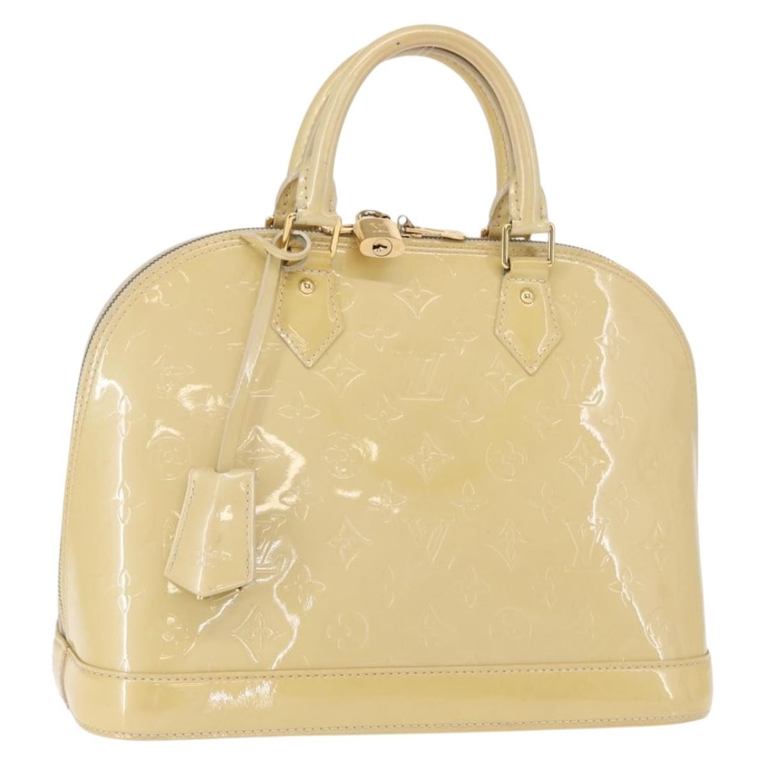 Louis Vuitton Alma Beige Patent Leather Handbag: Louis Vuitton Alma Beige Patent Leather Handbag This Louis Vuitton Alma handbag is crafted from beige patent leather and features a classic structured silhouette. Designed for women, the bag shows vis