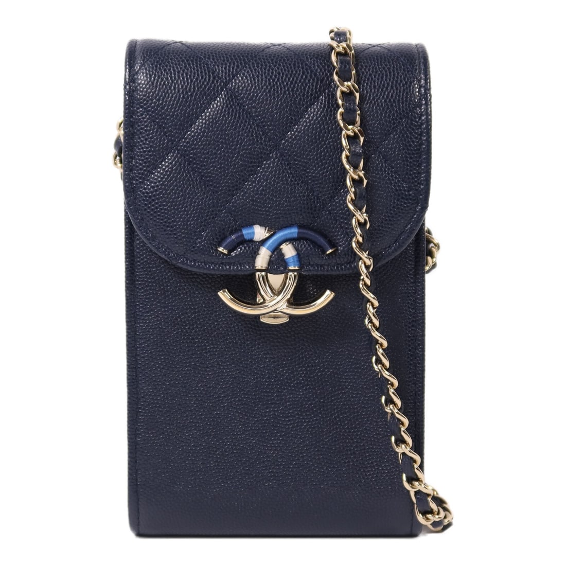 CHANEL AP2009 Quilted Phone Chain Shoulder Bag Blue Calfskin CC GHW: CHANEL AP2009 Quilted Phone Chain Shoulder Bag Blue Calfskin CC GHW Quilted phone chain shoulder bag in blue calfskin leather with CC detailing and a flap design. This women's shoulder bag includes an