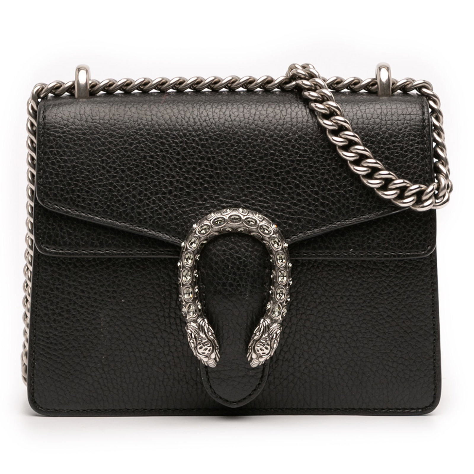 Gucci Dionysus small black leather crossbody bag: Gucci Dionysus small black leather crossbody bag This Gucci Small Leather Dionysus Crossbody features a black leather body, a silver-toned chain strap, and a front flap with snap closure. Signs of wea