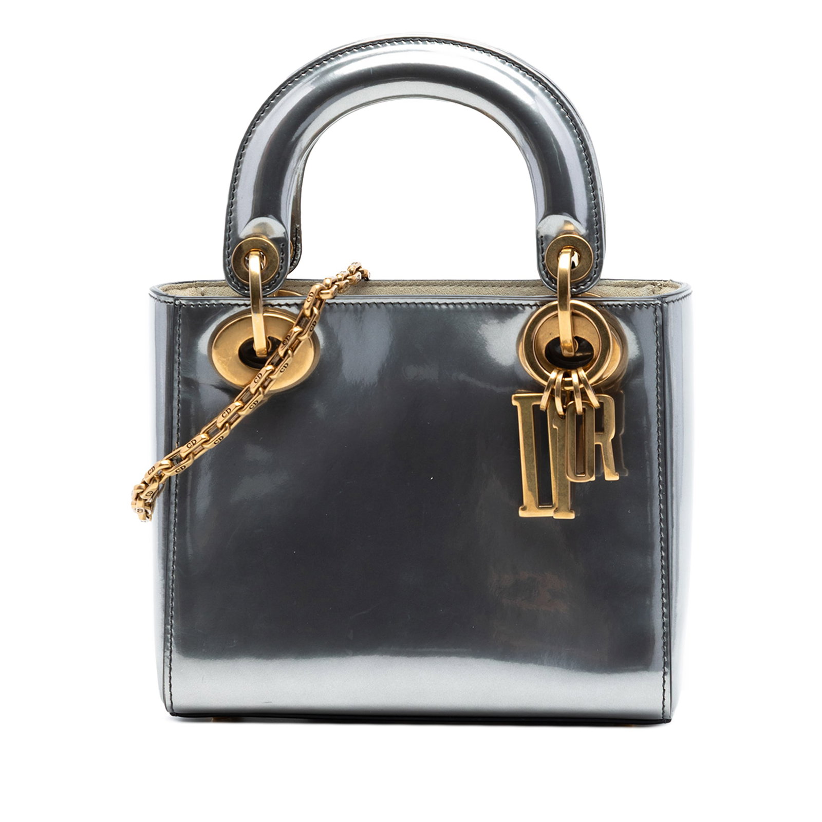 Dior Lady Dior Mini Metallic Patent Leather Bag Silver: Dior Lady Dior Mini Metallic Patent Leather Bag Silver Mini Lady Dior handbag in metallic silver patent leather with flat top handles, a detachable chain link strap with a leather guard, a fold-in fla
