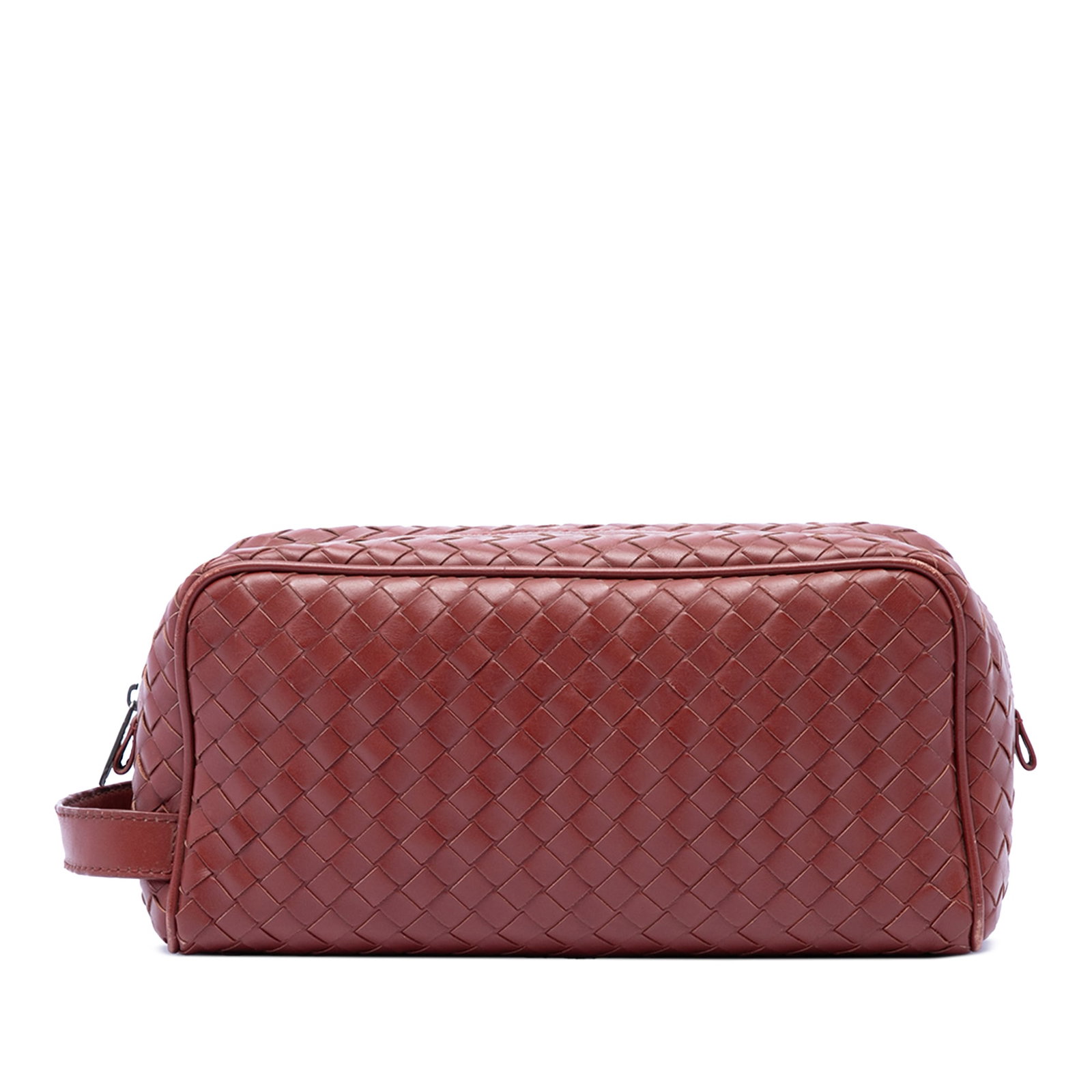 Bottega Veneta Intrecciato Nappa Leather Zip Clutch Pouch Red: Bottega Veneta Intrecciato Nappa Leather Zip Clutch Pouch Red Red Bottega Veneta Nappa Intrecciato Travel Pouch crafted in woven nappa leather with a flat leather strap and top zip closure. Made in It
