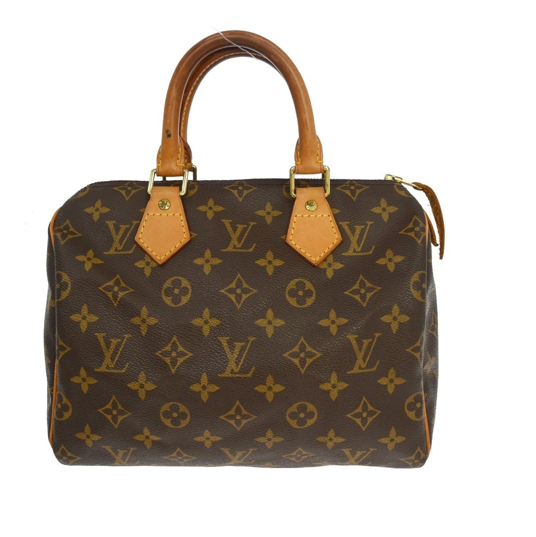 Louis Vuitton Speedy 25 Monogram Brown Duffle Handbag M41528: Louis Vuitton Speedy 25 Monogram Brown Duffle Handbag M41528 Vintage Louis Vuitton Speedy 25 handbag in the Monogram line with double leather handles and zip closure. The bag shows reasonable wear and