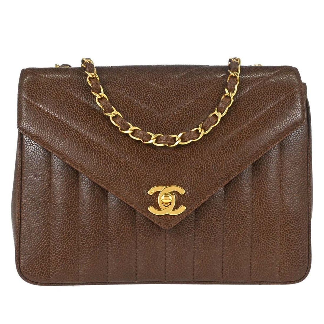 CHANEL Chain Shoulder Bag Brown Caviar Skin Leather Fringe: CHANEL Chain Shoulder Bag Brown Caviar Skin Leather Fringe Chanel Mademoiselle shoulder bag in brown caviar skin leather with a chevron matelasse pattern and fringe accents. This medium bag features a