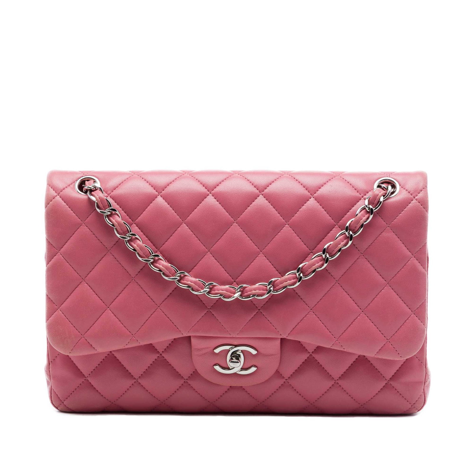 Chanel Jumbo Classic Double Flap Shoulder Bag Pink Lambskin: Chanel Jumbo Classic Double Flap Shoulder Bag Pink Lambskin Chanel Jumbo Classic Lambskin Double Flap shoulder bag in pink quilted lambskin leather. This bag features leather-woven chain link straps, 