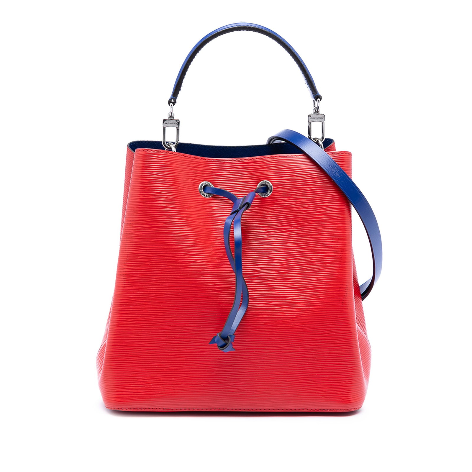 Louis Vuitton NeoNoe MM Red Epi Leather Bucket Bag with Drawstring: Louis Vuitton NeoNoe MM Red Epi Leather Bucket Bag with Drawstring This Louis Vuitton Epi NeoNoe MM bag features an epi leather body in red, a flat leather handle, a detachable flat leather strap, and