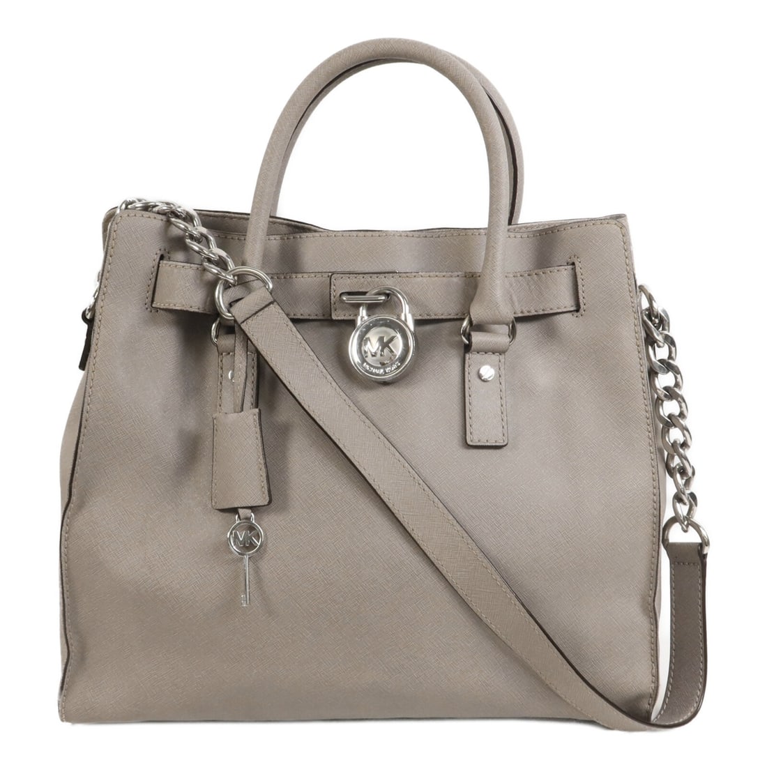 Michael Kors Hamilton Chain Tote Shoulder Bag Gray Calfskin Leather: Michael Kors Hamilton Chain Tote Shoulder Bag Gray Calfskin Leather Michael Kors Hamilton chain shoulder tote bag in gray calfskin leather with a 2-way design. This women's bag features a magnetic poc