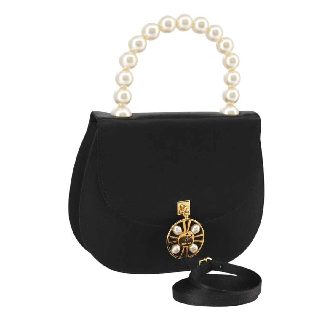 CELINE Black Satin 2way Hand Bag with Shoulder Strap: CELINE Black Satin 2way Hand Bag with Shoulder Strap Authentic CELINE 2-way handbag in black satin with a structured, compact silhouette. Made in Italy, this women's bag includes a shoulder strap for 