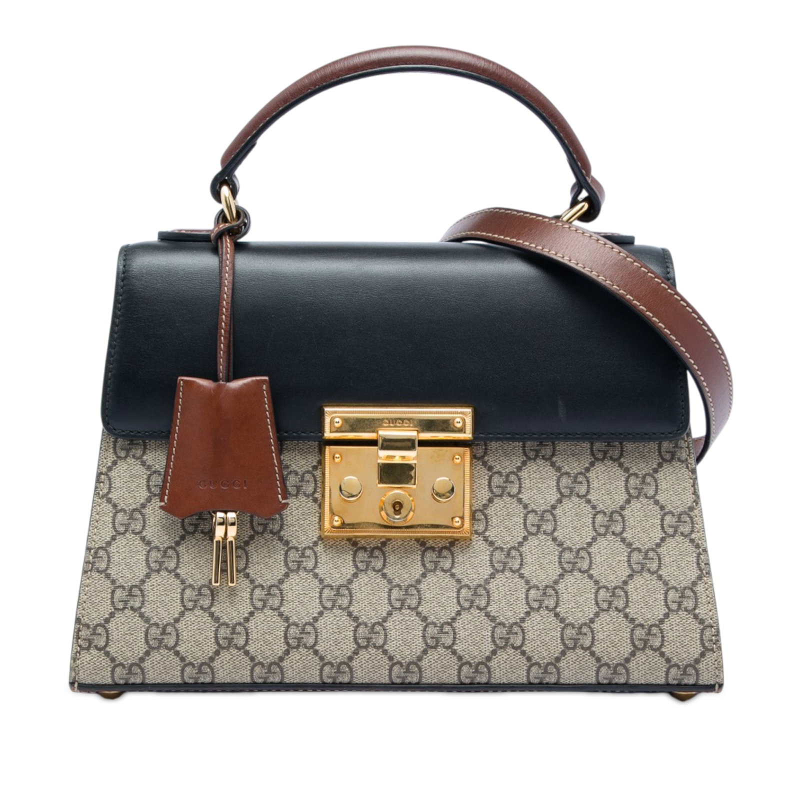 Gucci Padlock Small Satchel in GG Supreme Canvas: Gucci Padlock Small Satchel in GG Supreme Canvas This Gucci Small GG Supreme Padlock Satchel is crafted with a coated canvas body and leather trim. It features a flat leather top handle, a detachable 