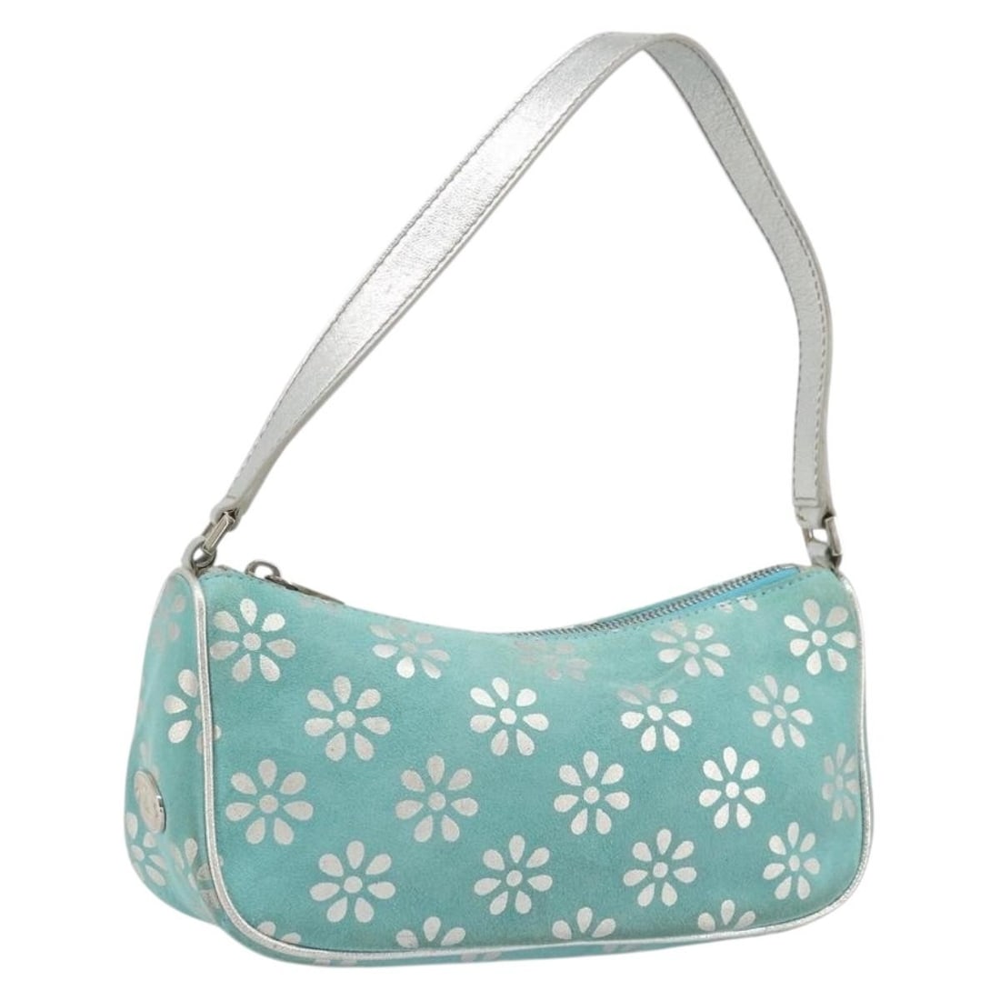 CELINE suede light blue silver accessory pouch with dust bag: CELINE suede light blue silver accessory pouch with dust bag This CELINE accessory pouch features a light blue and silver suede exterior, offering a stylish and compact option for carrying essentials.