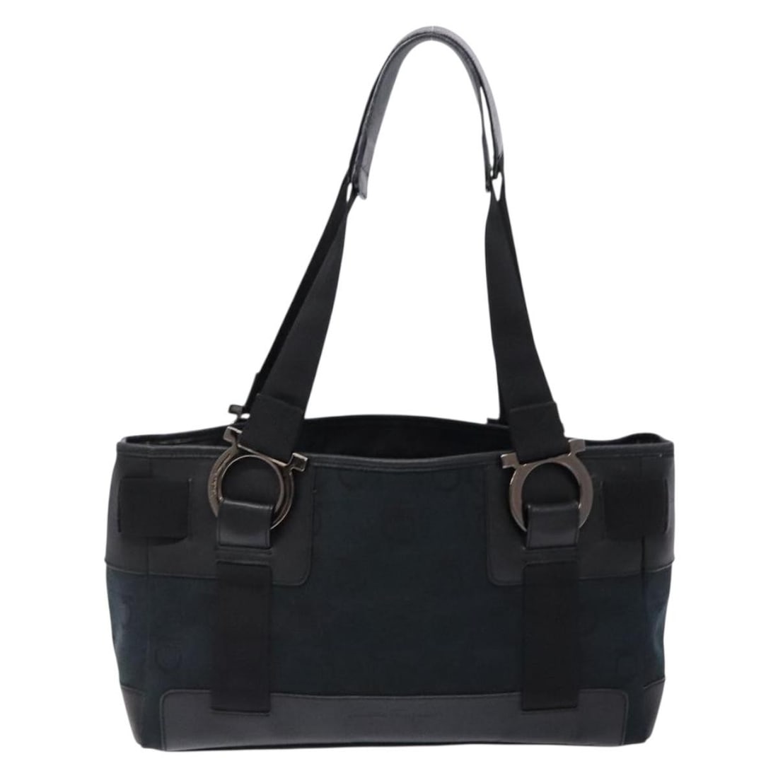 Black Canvas Gancini Tote by Salvatore Ferragamo 28cm x 18cm x 10cm: Black Canvas Gancini Tote by Salvatore Ferragamo 28cm x 18cm x 10cm This Salvatore Ferragamo Gancini Tote is crafted from black canvas and designed for women. The tote features leather handles and met