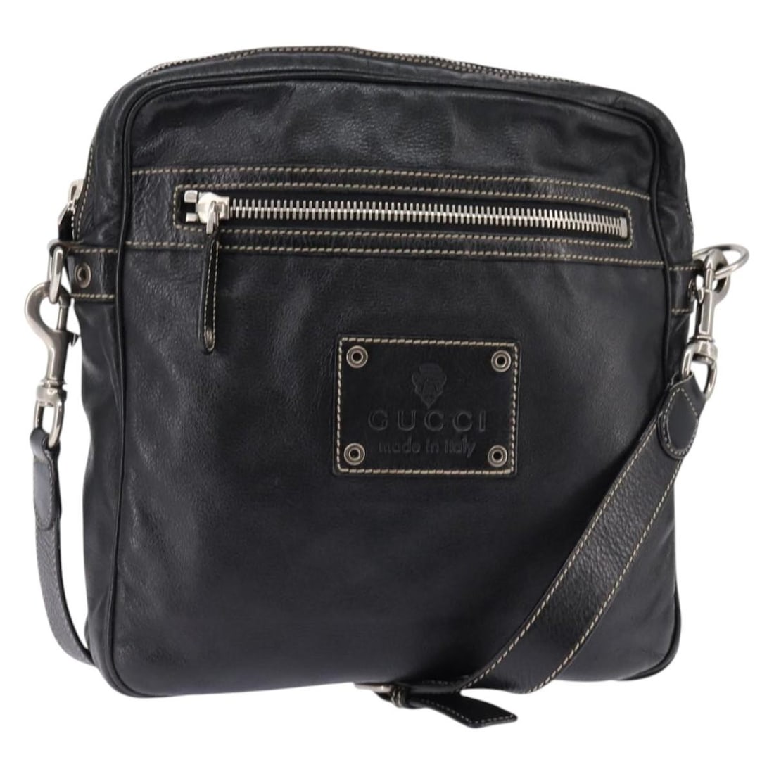 Black Leather Front Zip Messenger Bag by Gucci Unisex: Black Leather Front Zip Messenger Bag by Gucci Unisex This Gucci Front Zip Messenger bag is crafted from black leather and designed for unisex use. Made in Italy, it features a zippered front and a sh
