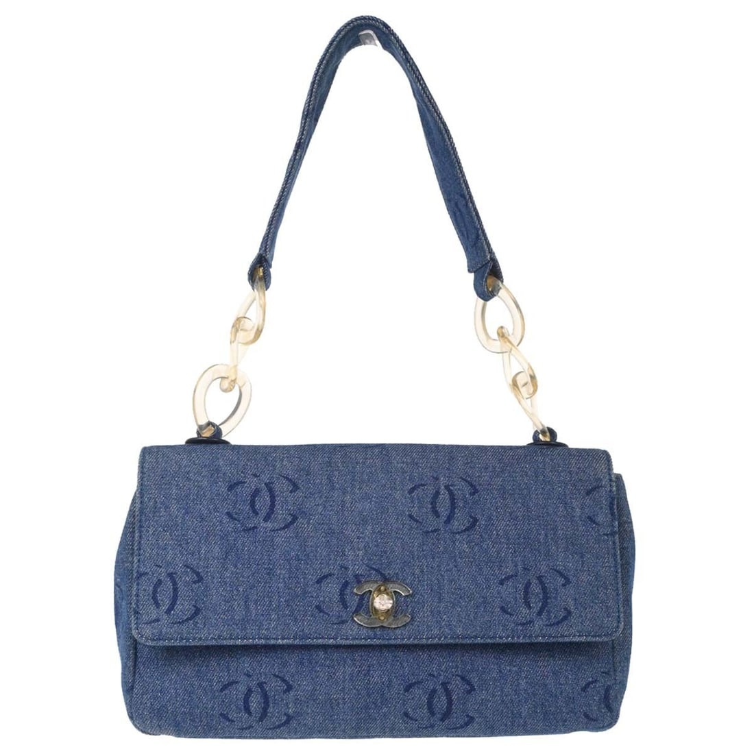 CHANEL Straight Flap Shoulder Bag in Blue Denim with Acrylic Chain: CHANEL Straight Flap Shoulder Bag in Blue Denim with Acrylic Chain Chanel Straight Flap shoulder bag in blue denim with acrylic chain detailing. This medium shoulder bag is made in Italy and features 