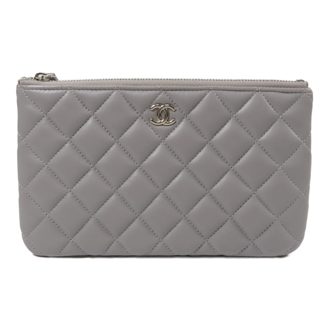 CHANEL CC Gray Lambskin Pouch with Silver Hardware: CHANEL CC Gray Lambskin Pouch with Silver Hardware CHANEL CC SHW pouch bag in gray lambskin leather, made in France. It features a compact design with a fastener closure and an interior with one open 