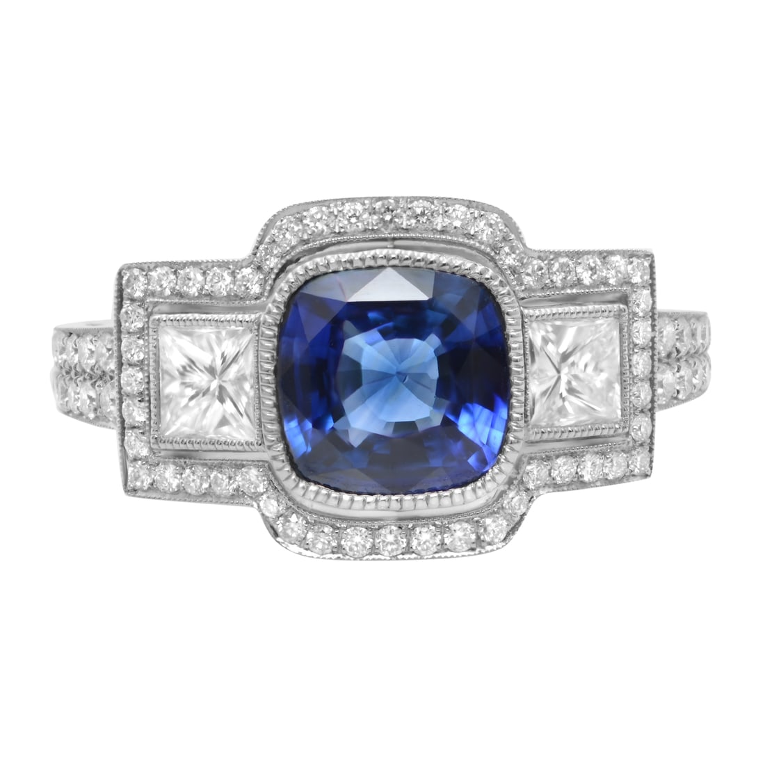 Rachel Koen Platinum Three-Stone Blue Sapphire Diamond Engagement Ring 6.5 (1 of 7)