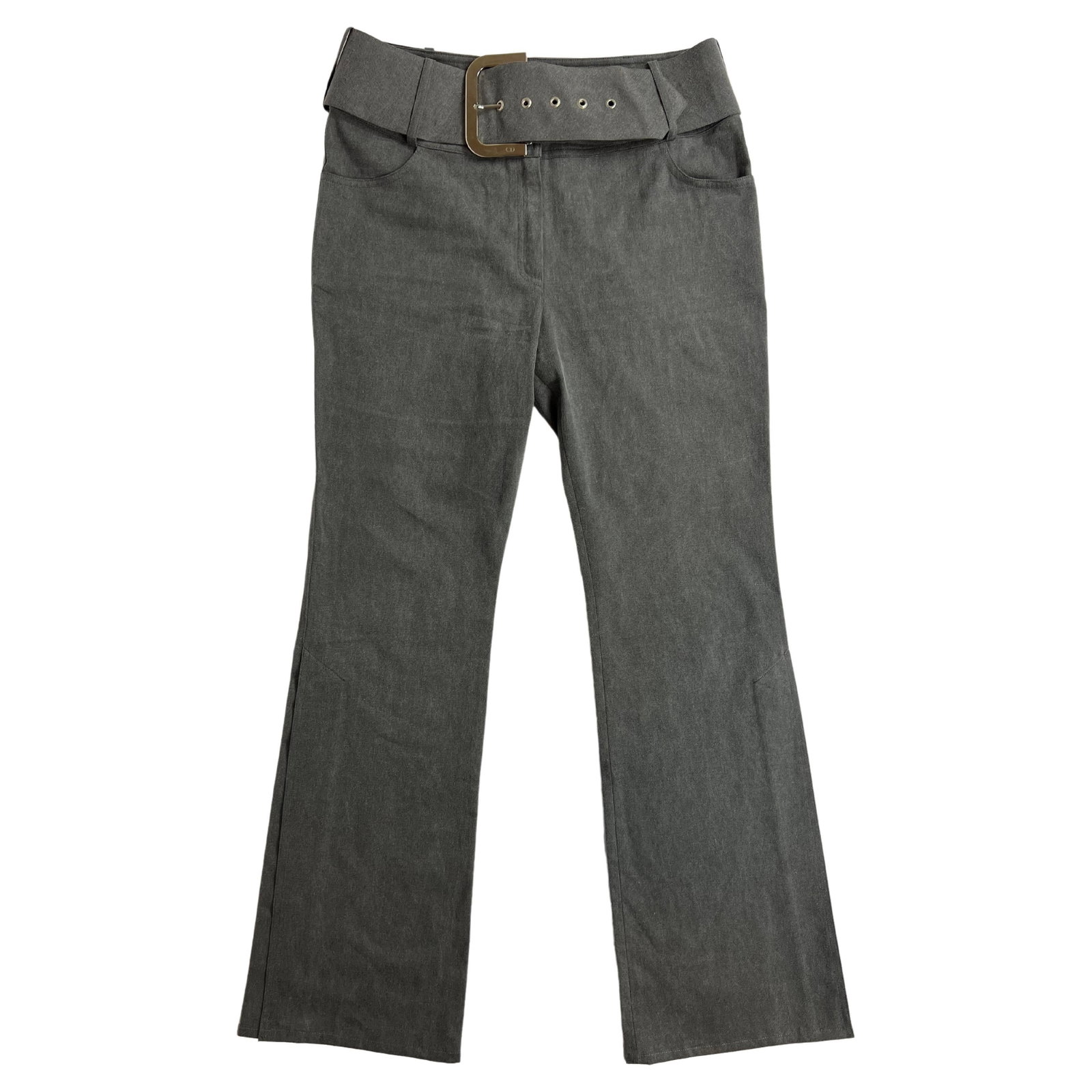 Christian Dior size 10 gray cotton flare jeans: Christian Dior size 10 gray cotton flare jeans Christian Dior grey jeans pants in a light grey denim wash, made from 100% cotton. Features include a mid rise, flare fit, side slits, a wide belt detail
