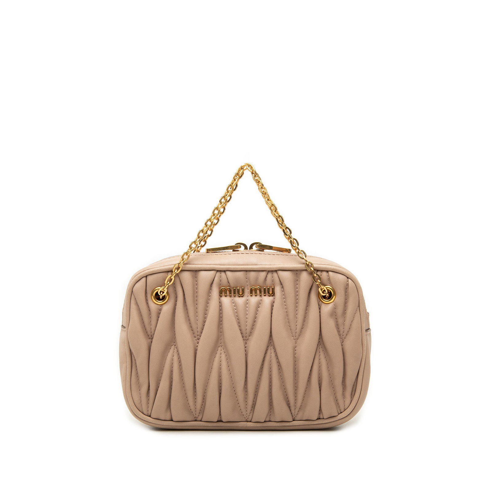 Miu Miu Matelasse Nappa Leather Chain Pouch Brown: Miu Miu Matelasse Nappa Leather Chain Pouch Brown Miu Miu Matelasse Nappa Pouch with Chain in brown quilted nappa leather. This pouch features chain handles, a top zip closure, and an interior slip po