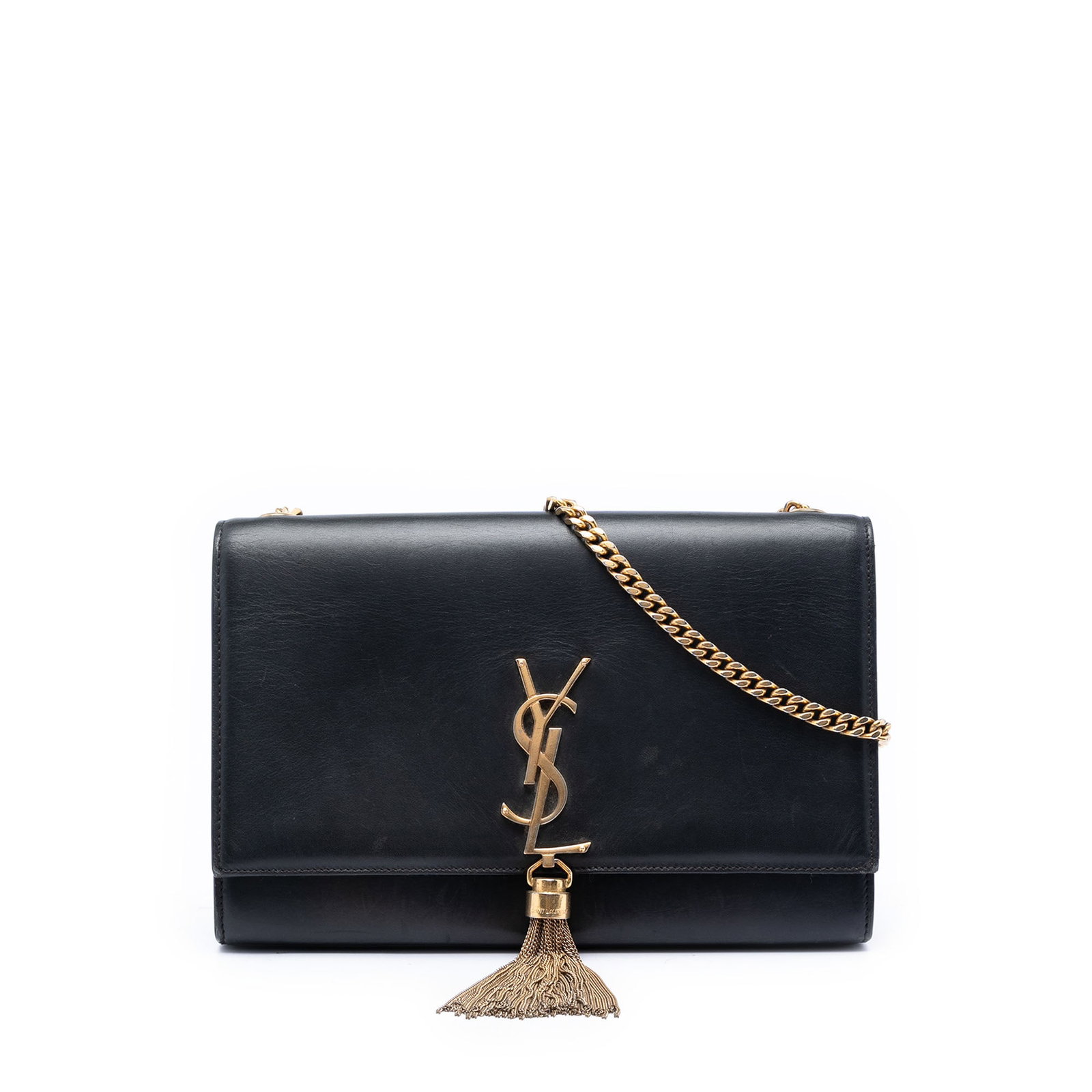 Saint Laurent Kate Medium Calfskin Crossbody Bag with Tassel: Saint Laurent Kate Medium Calfskin Crossbody Bag with Tassel A Saint Laurent Medium Smooth Calfskin Classic Monogram Kate Tassel Crossbody in black leather. This bag features a tassel detail, chain-li