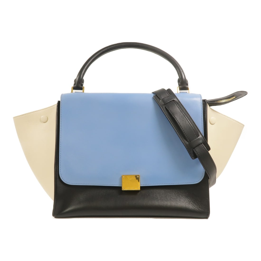 CELINE Trapeze Calfskin 2 Way Shoulder Bag Black Blue White: CELINE Trapeze Calfskin 2 Way Shoulder Bag Black Blue White A CELINE Trapeze 2 Way Shoulder Bag in calfskin leather, presented in black, blue, and white. It features a turn lock closure, an outside zi