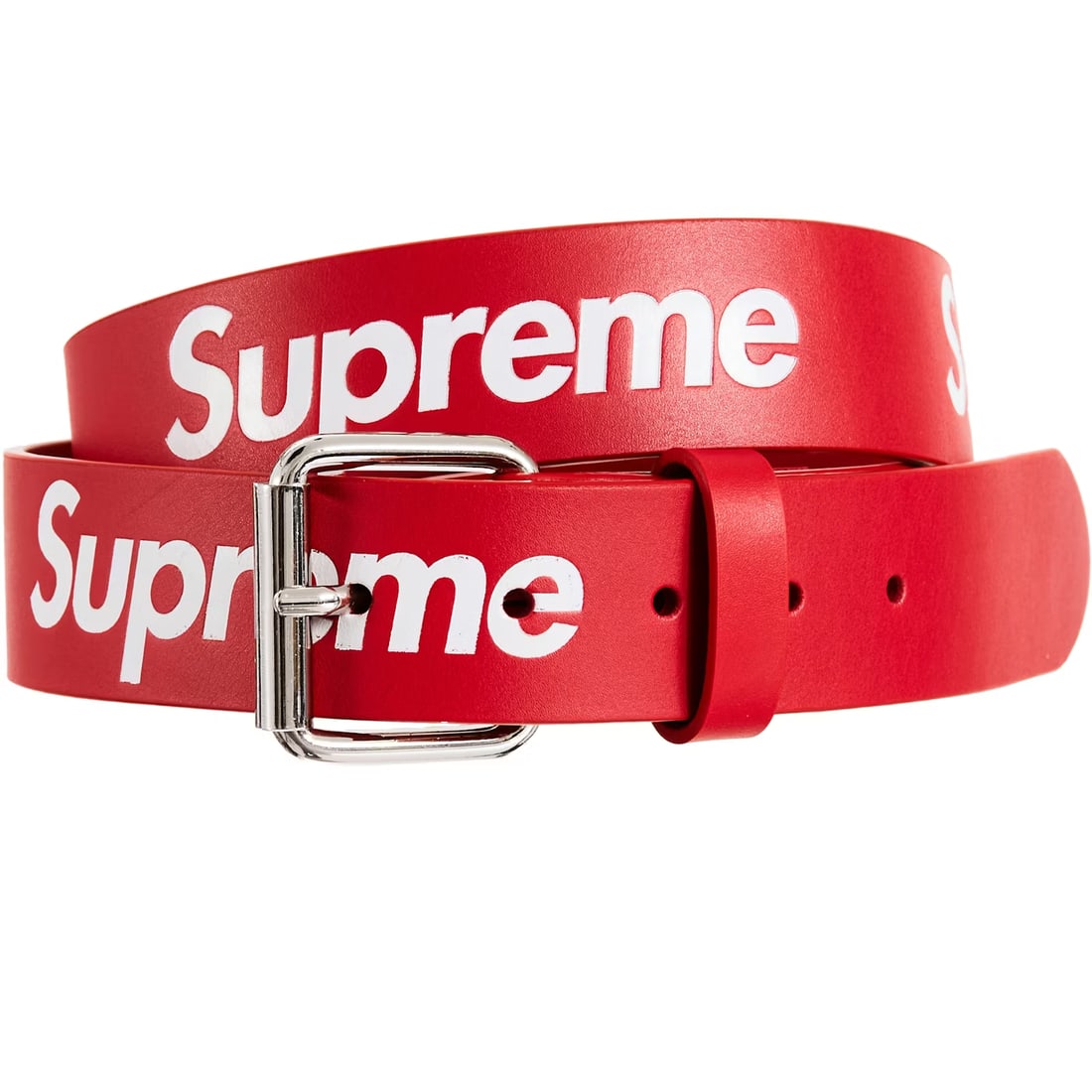 Supreme Repeat Leather Belt Red Embossed Logo Size M: Supreme Repeat Leather Belt Red Embossed Logo Size M Red leather belt with an embossed repeat logo design across the strap. Finished with a polished metal buckle, this piece combines a bold look with 