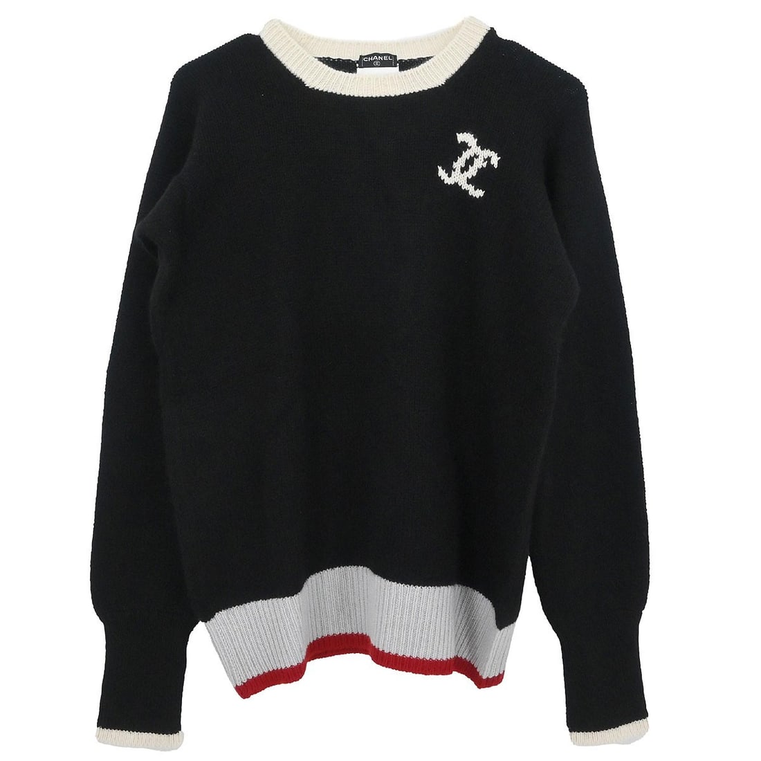 CHANEL Black Cashmere Pullover Sweater Womens EU 46 Long Sleeve: CHANEL Black Cashmere Pullover Sweater Womens EU 46 Long Sleeve Chanel black long sleeve knit pullover sweater in 100% cashmere. This women's regular-fit top is a non-vintage style with a clean, class
