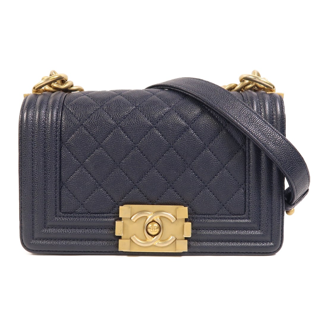 CHANEL Boy 20 Shoulder Bag Navy Calfskin Leather CC GHW: CHANEL Boy 20 Shoulder Bag Navy Calfskin Leather CC GHW A CHANEL Boy 20 chain shoulder bag in navy calfskin leather with GHW hardware. It features a shoulder strap measuring 68-113 cm and includes one