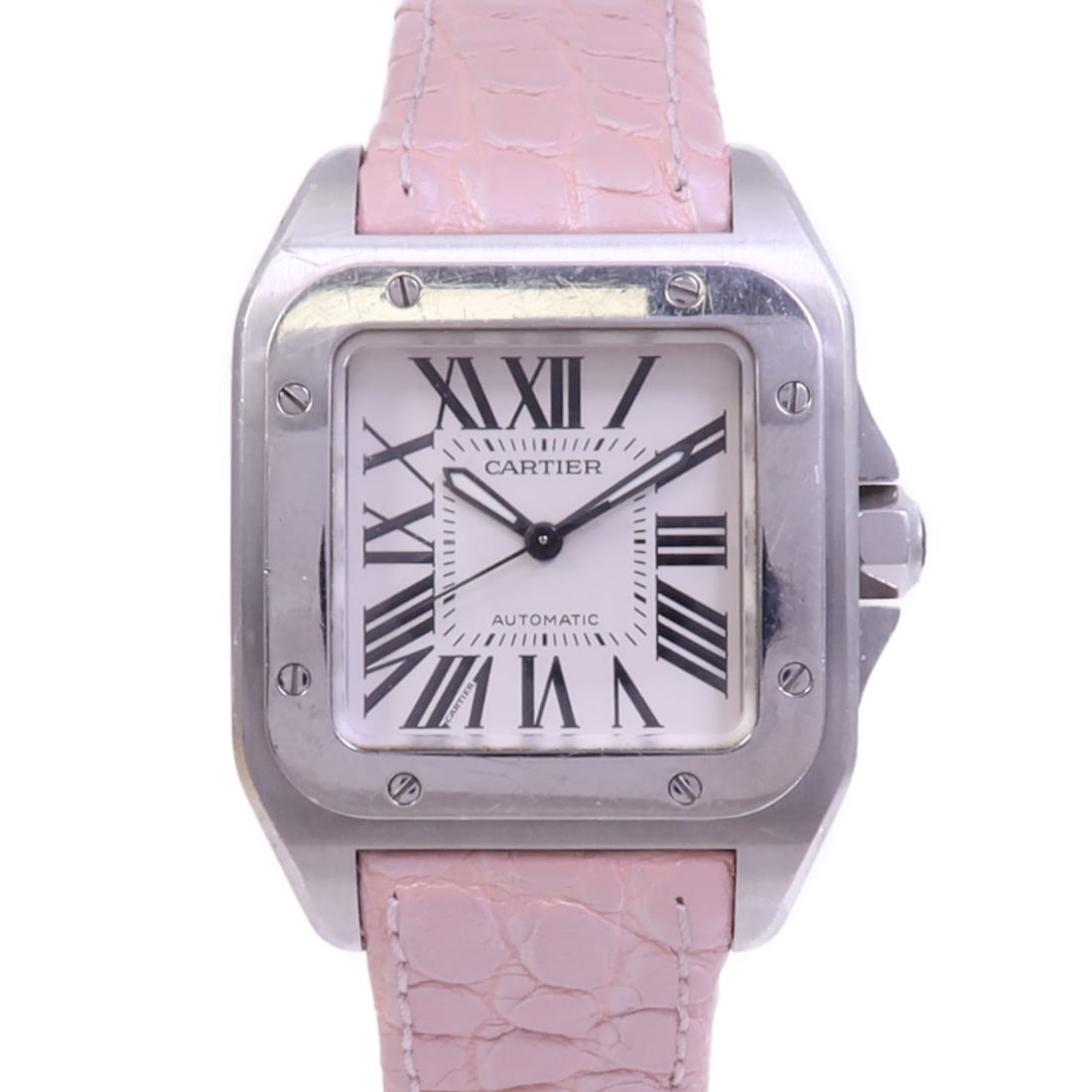 Cartier W20126X8 Santos 100 ladies automatic stainless steel wristwatch: Cartier W20126X8 Santos 100 ladies automatic stainless steel wristwatch Cartier Santos 100 model W20126X8 automatic wristwatch for women. This watch features a white dial and a stainless steel case. T