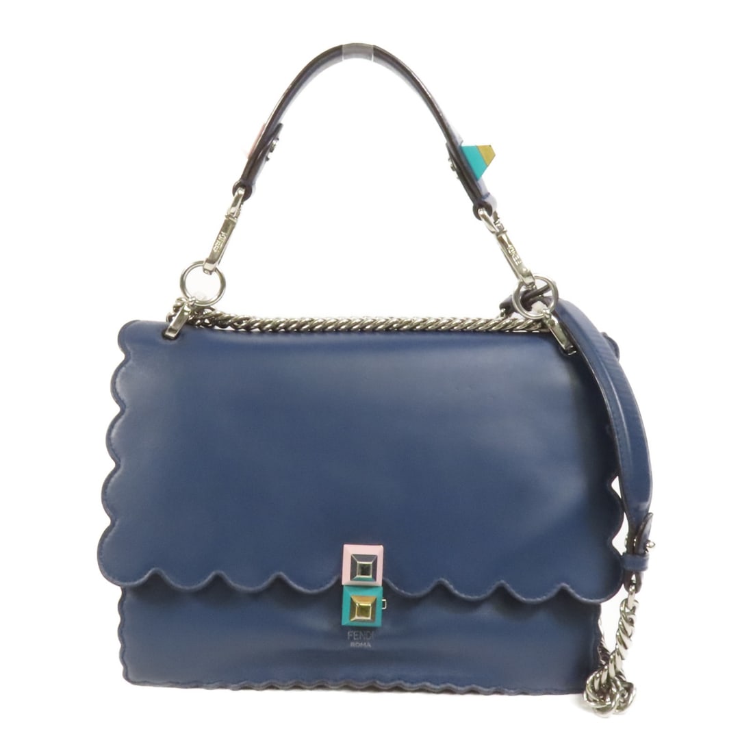 FENDI Kan I Blue Calfskin 2way Shoulder Bag SHW: FENDI Kan I Blue Calfskin 2way Shoulder Bag SHW Fendi Kan I 2way shoulder bag in blue calfskin (cowhide) leather. This women's regular-size bag is made in Italy and features a flap closure with one in