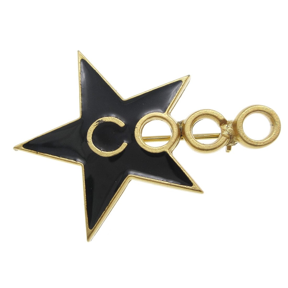 Chanel 01P Black Star Gold Plated Brooch Pin: Chanel 01P Black Star Gold Plated Brooch Pin Chanel star brooch pin in black with a gold-plated finish. Made in France, this brooch includes its box and is marked 01P. Condition is very good, with ove